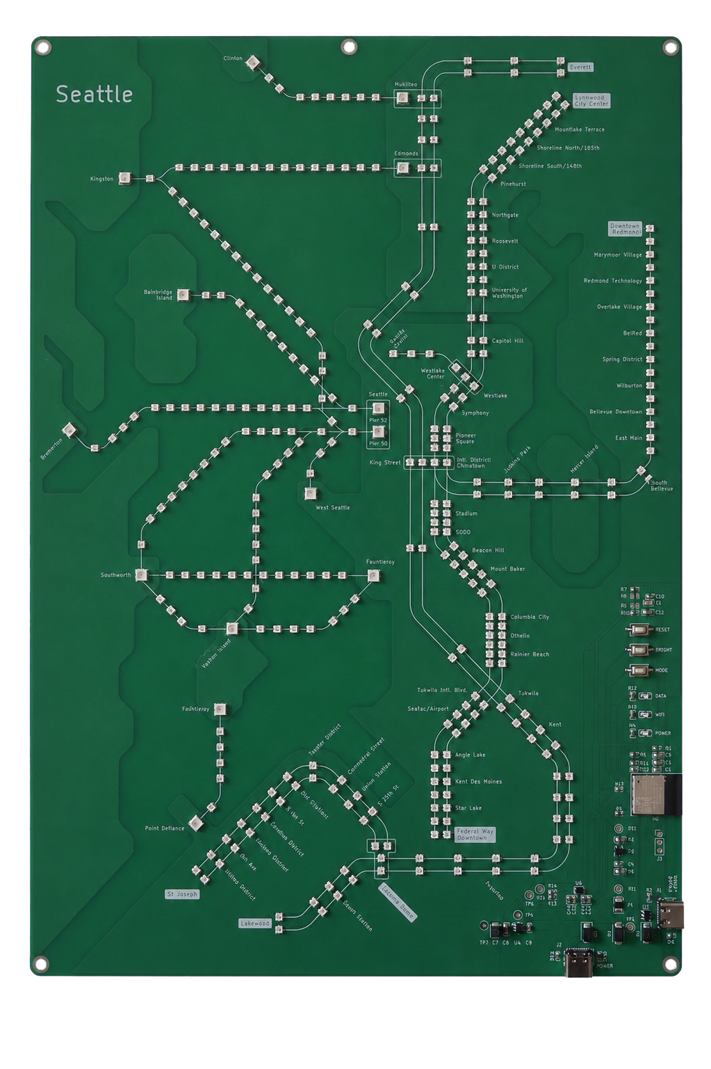 Straight-on technical view of the Seattle Transit Live circuit board